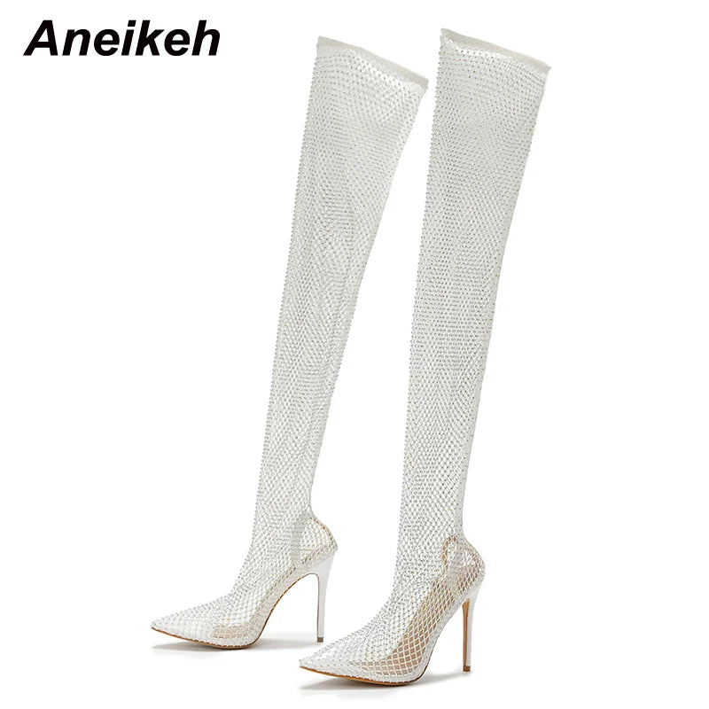 Aneikeh Sexy Bling Rhinestone Mesh Shoes Over The Knee Boots Women Pointed Toe Sandals Nightclub High Heels Botas Femininas 2025
