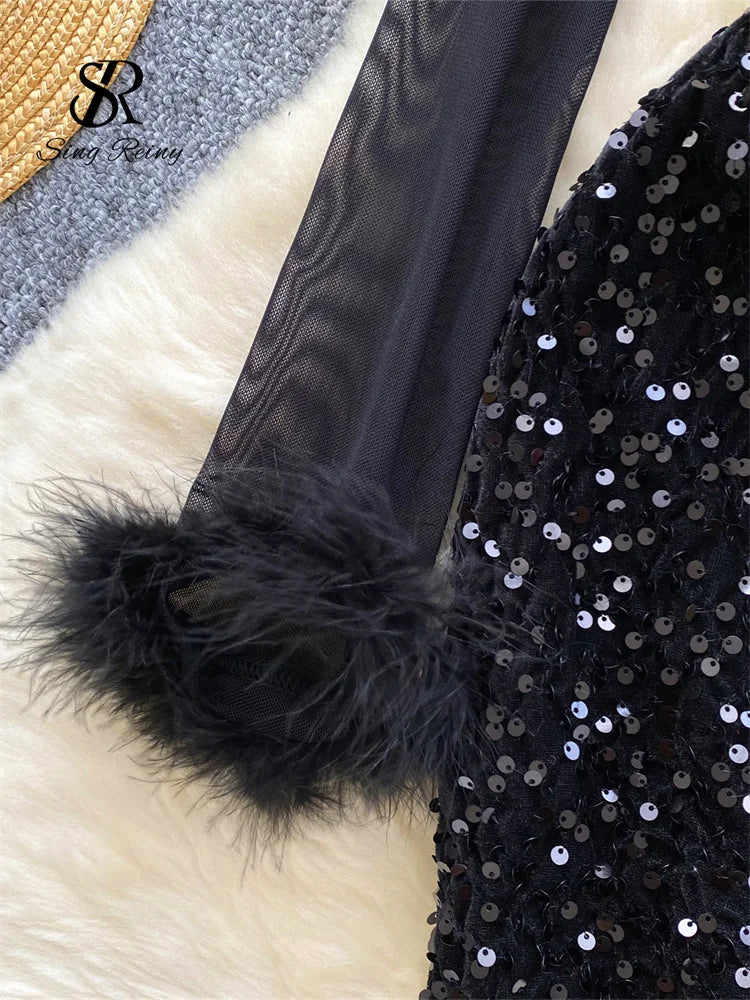 SINGREINY Autumn Luxury Sequins Party Dress Women Stand Collar Fur Long Sleeves Shiny Slim Bodycon Sheer Short Sexy Dress