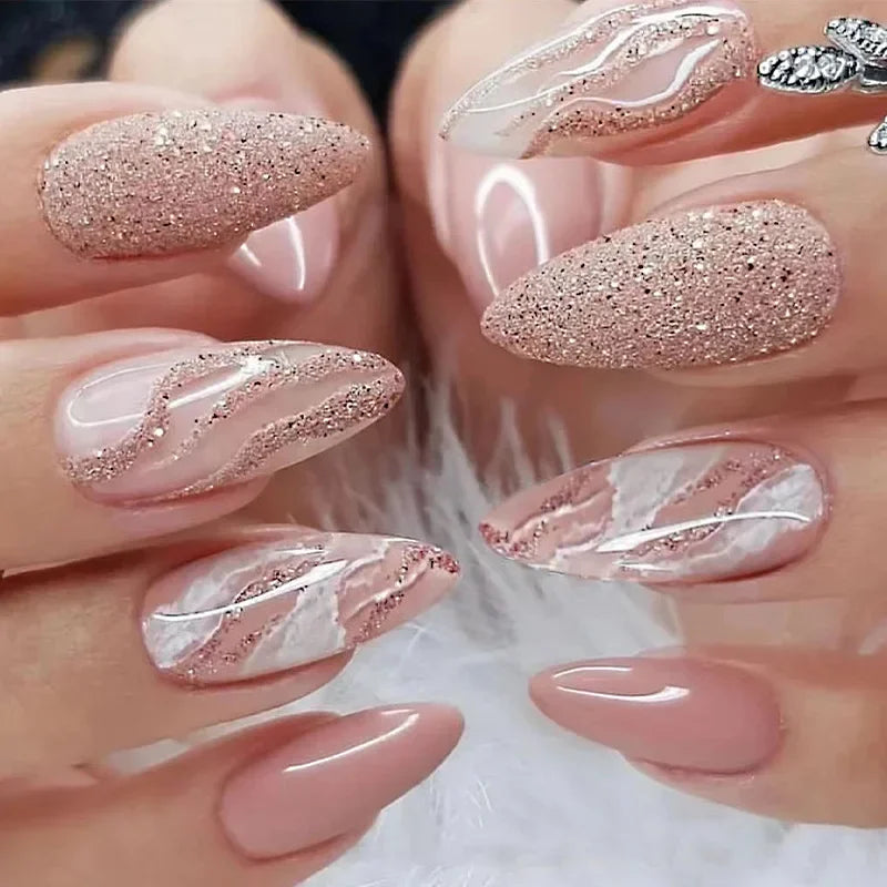 24Pcs Mid-length False Nails with Almond Head Design Brown Gold Lines Fake Nails Oval Wearable French Press on Nail Tips