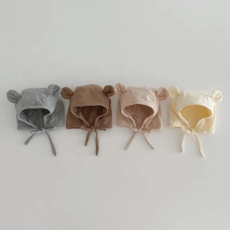 Cute Bear Ear Baby Beanie Cap Soft Cotton Newborn Ear Protection Hat Korean Solid Color Infant Boy Girl Lace-up Bonnet