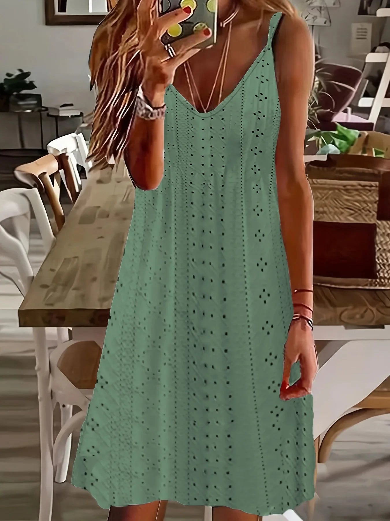 Plus Size Women's Summer New Cutout Jacquard V-Neck Strap Solid Color Dress