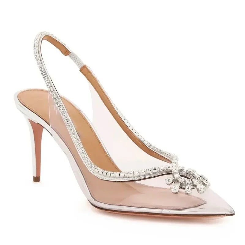 Silver Crystal PVC Transparent Women Pumps Elegant Party Wedding Thin Heels Sandals