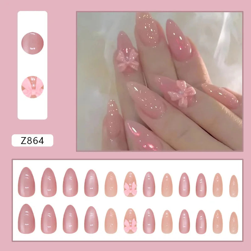 24pcs/set French Strawberry Butterfly Cat Eye Press on Nails Fake Nails Manicure Detachable Nail Tips Oval False Nails Full Set