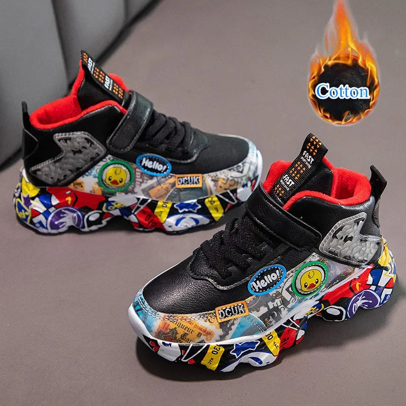 Children Sports Sneakers for Girls Kid Cartoon Graffiti Pattern Casual Shoes Boys Basketball Shoe