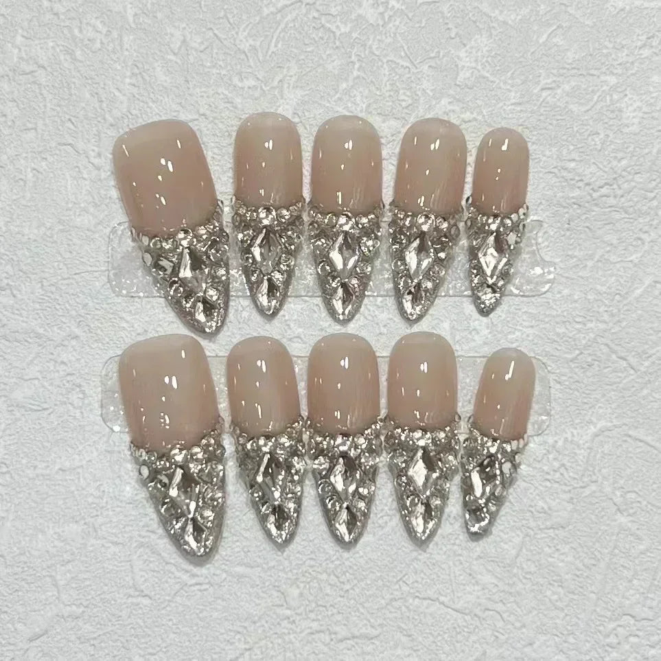 10Pcs Full Cover Butterflies Rhinestones Design Pink Almond