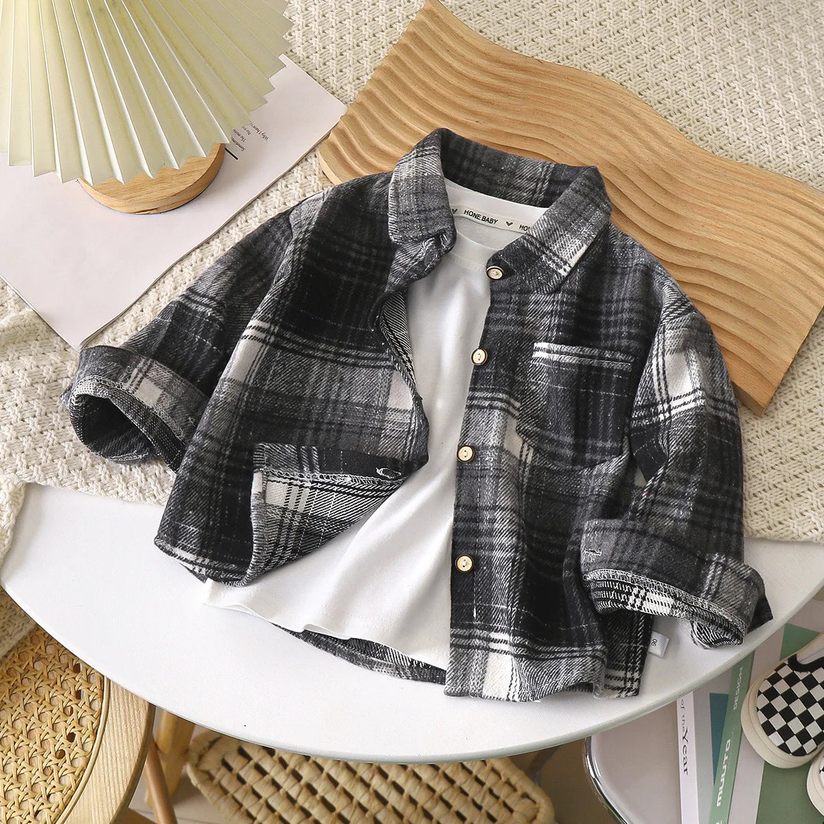 2-9Y Kids Boys Girls Spring Fall Vintage Plaid Shirt Cotton Clothing Long Sleeve Lapel Single Breasted Cardigan Base T-shirt