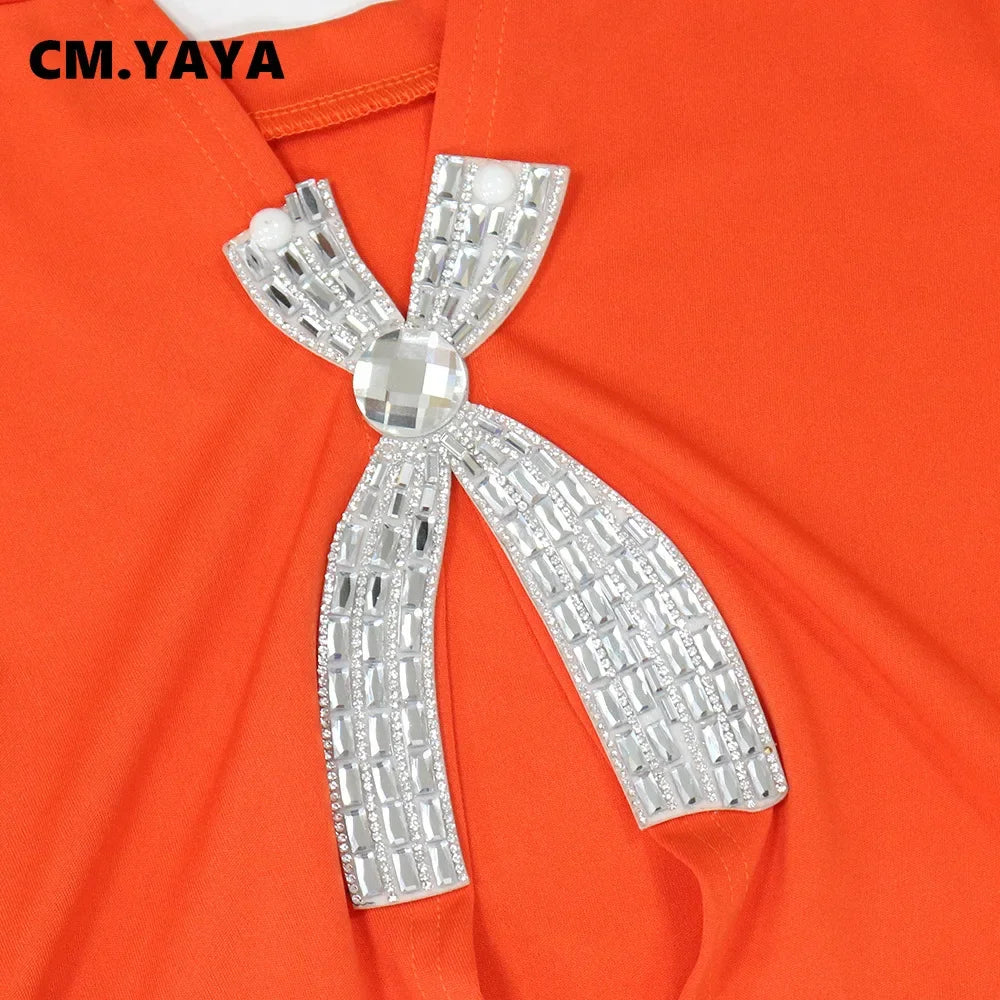 Women's Short Sleeve Diamonds Bowknot O-neck Tops +Wide Leg Pants Suits
