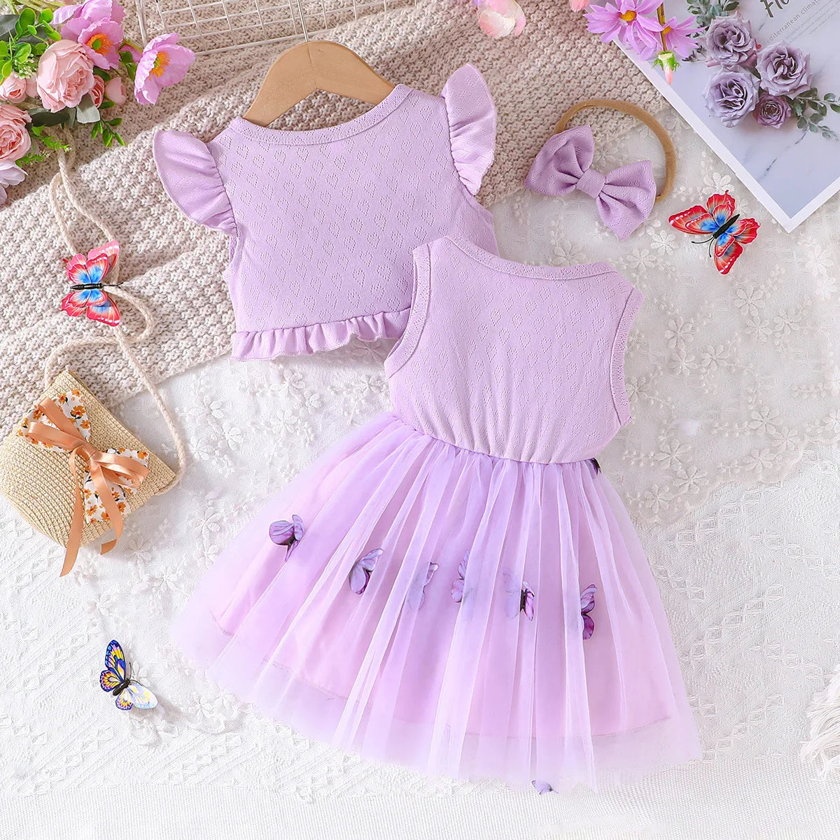 Summer Set Infant Girl Clothes Newborn Photography Fashion Cute Shawl Sleeveless Mesh Cotton Butterfly Dress