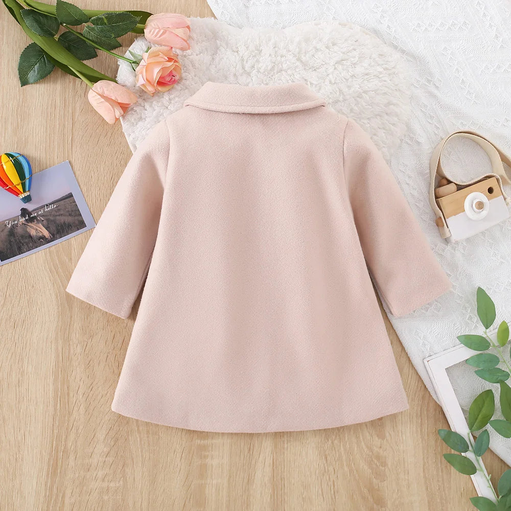 Autumn And Winter New Girls' Stylish Thick Coat With Bow Tie Long Sleeved Woolen Coat Windbreaker