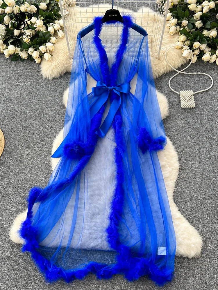 SINGREINY Transparent Gauze Spliced Wool Long Robes Sleepwear Women Lace Up Long Sleeve Robes Fashion Sheer Sexy Cardigan Robes