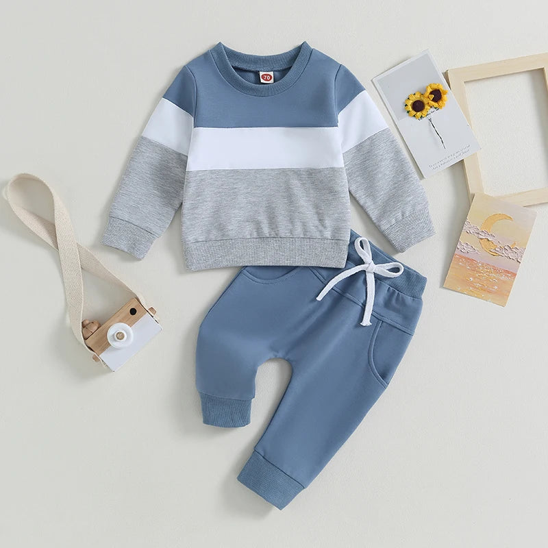 Toddler Baby Boy Fall Winter Clothes Color Block Long Sleeve Sweatshirt Pullover Top Pants Sweatsuit Set Outfits 0-3T
