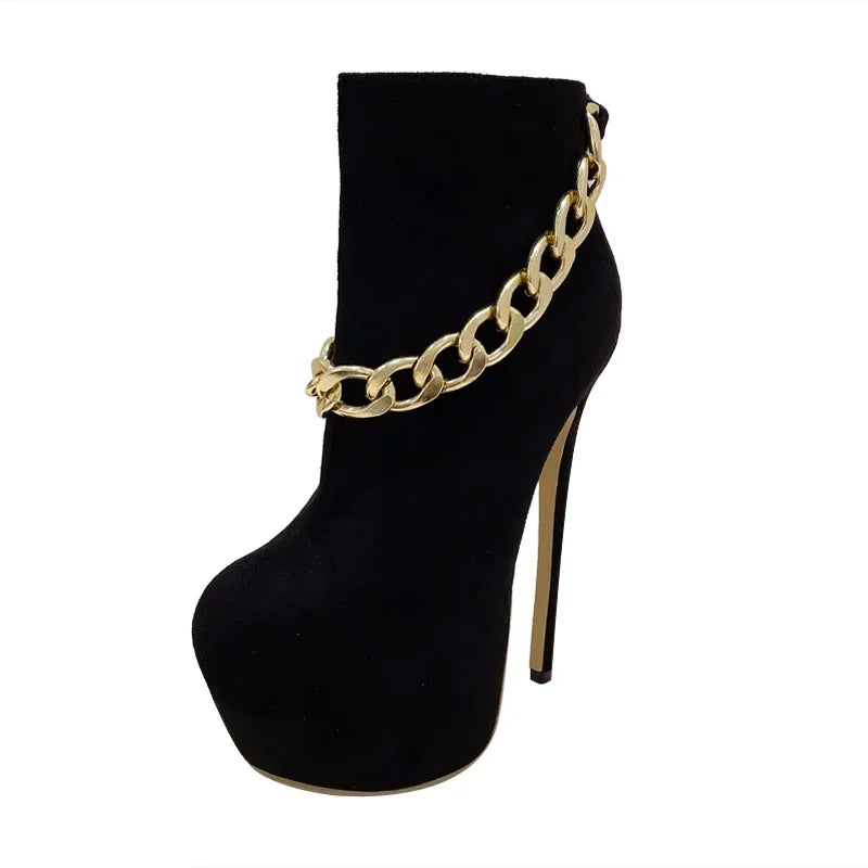 Designer Nightclub Party Round Toe Women Boots Sexy Metal Chain Stiletto High Heels