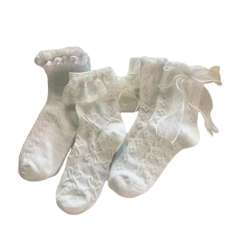 Woman Socks Solid Black White Lolita Lacework Ruffle Socks Summer Thin Japanese Style Kawaii Sweet Girls Cute Short Socks Women