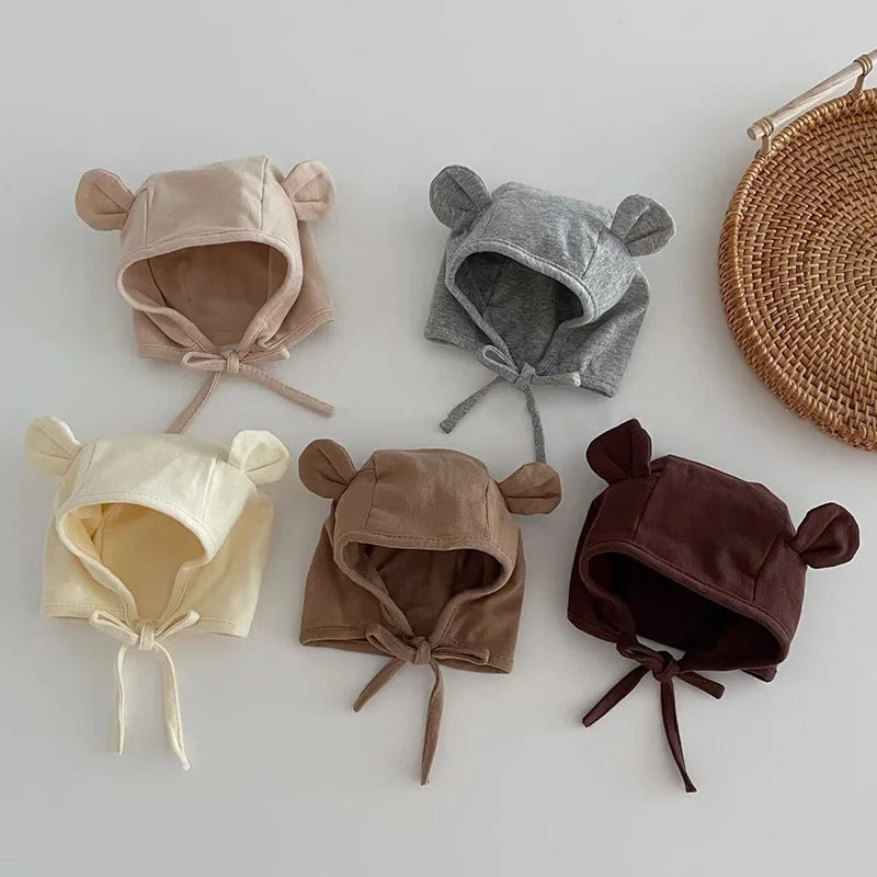 Cute Bear Ear Baby Beanie Cap Soft Cotton Newborn Ear Protection Hat Korean Solid Color Infant Boy Girl Lace-up Bonnet