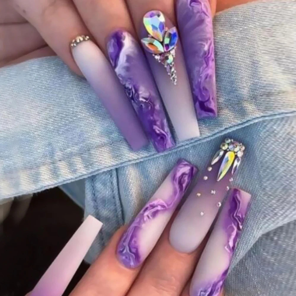 24 Pcs Glossy Long Ballerina Press On Nails Purple Glitter With Rhinestone Shiny