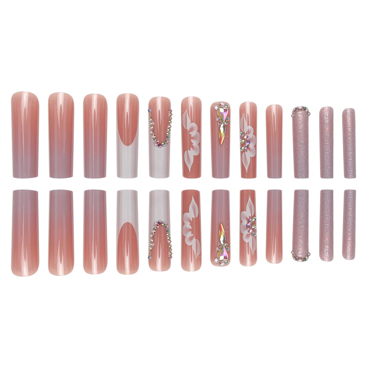 24 Piece Long Coffin Style Glossy Gradient&flower Pattern 3D Rhinestone Decoration Complete Set of Abs Fake Nail Set