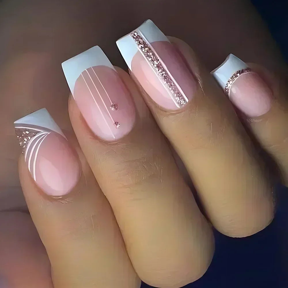 24Pcs Short Square French False Nails with Flower Shiny White Edge Design Pink Glitter Fake Nails Full Cover Press on Nails Tips