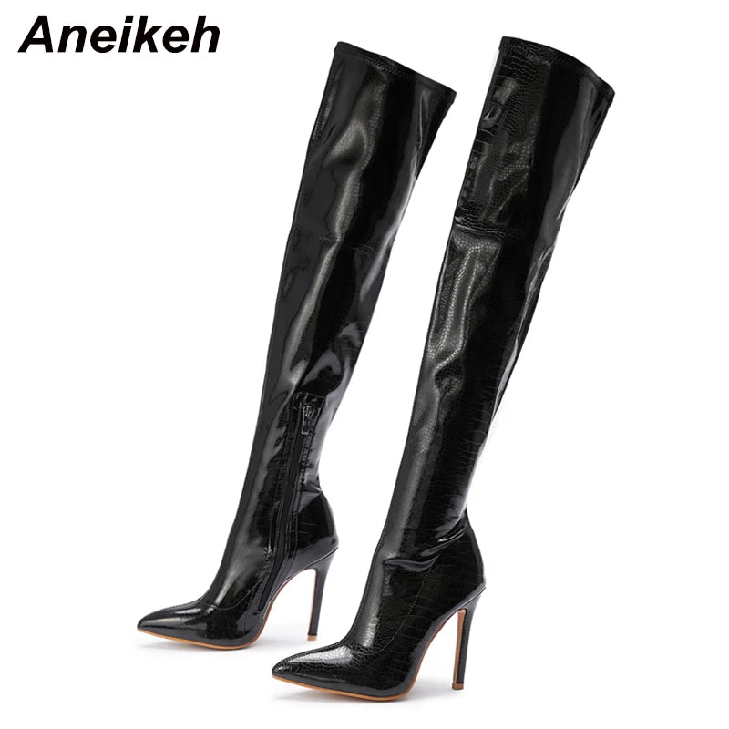 Aneikeh NEW Fashion Striped 11CM Thin Heels Ladies Boots 2025