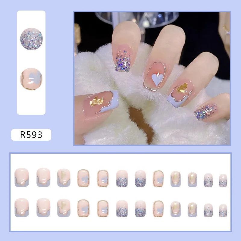 Sweet Mountain Tea Wearable Pink Press On Fake Nails Tips With Glue false nails design Butterfly Lovely Girl false nails