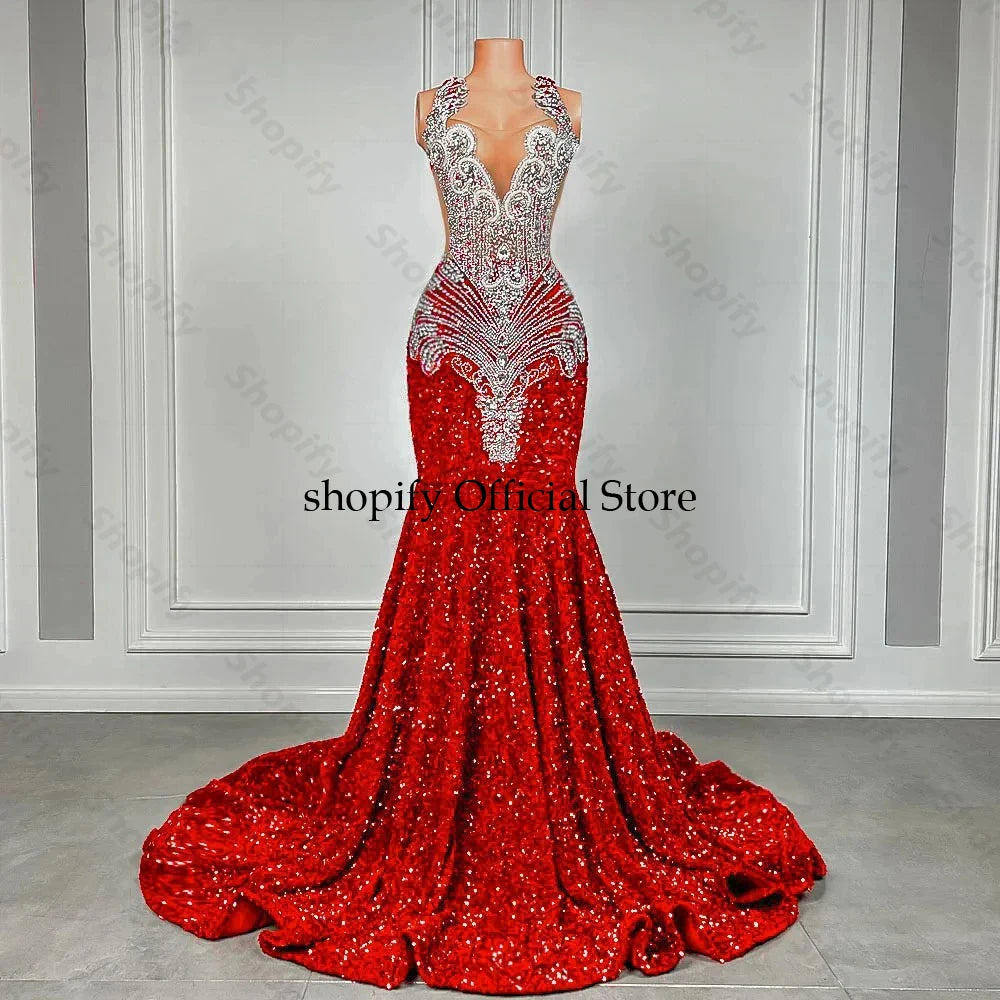 Sparkly Red Sequin Mermaid Prom Dresses 2025 Luxury Silver Crystal Beaded Sheer Neck Long Prom Gowns for Black Girls Customized