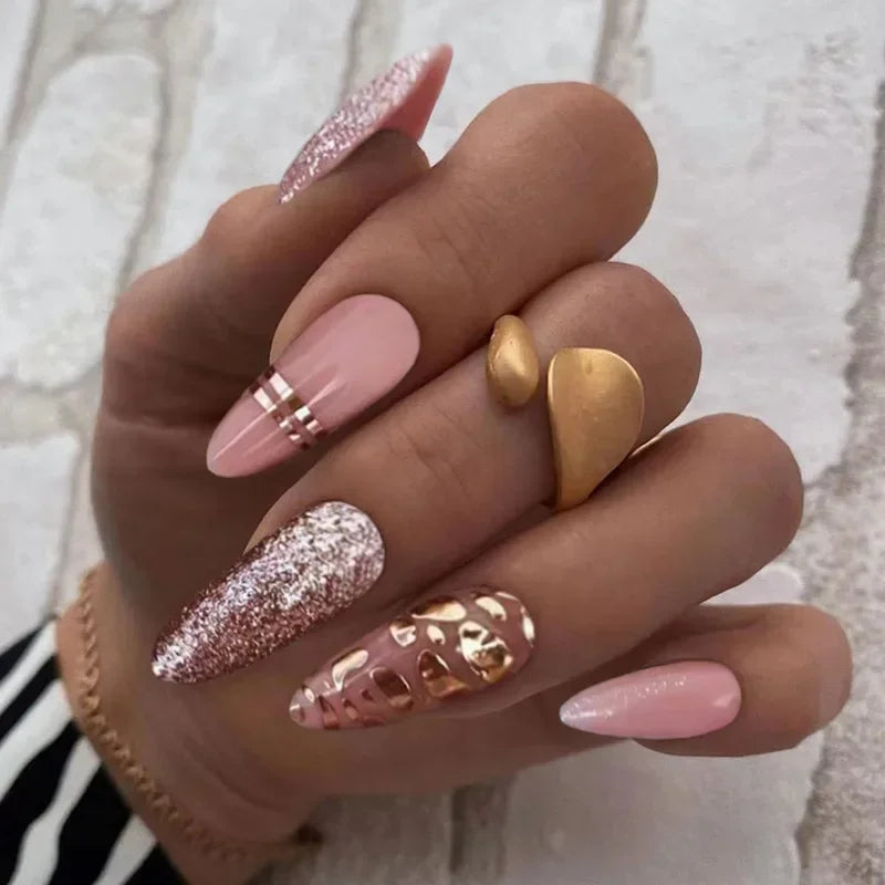 24Pcs Mid-length False Nails with Almond Head Design Brown Gold Lines Fake Nails Oval Wearable French Press on Nail Tips