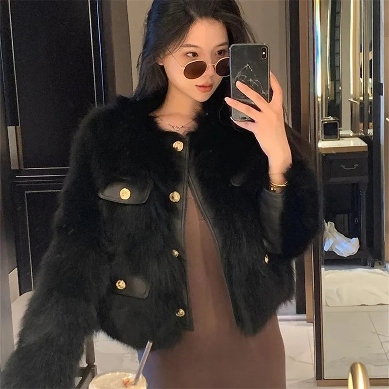 Autumn Winter Short Faux Fur Ladies Coat Round Neck Long Sleeves Fur Female Jacket New Thickening Plush Women Outwear 