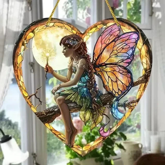 New 1pcs Magical Fairy Magic Night Fairy Suncatcher Stained Glass Acrylic Heart Wall Hanging Home and Garden Outdoor Decorative
