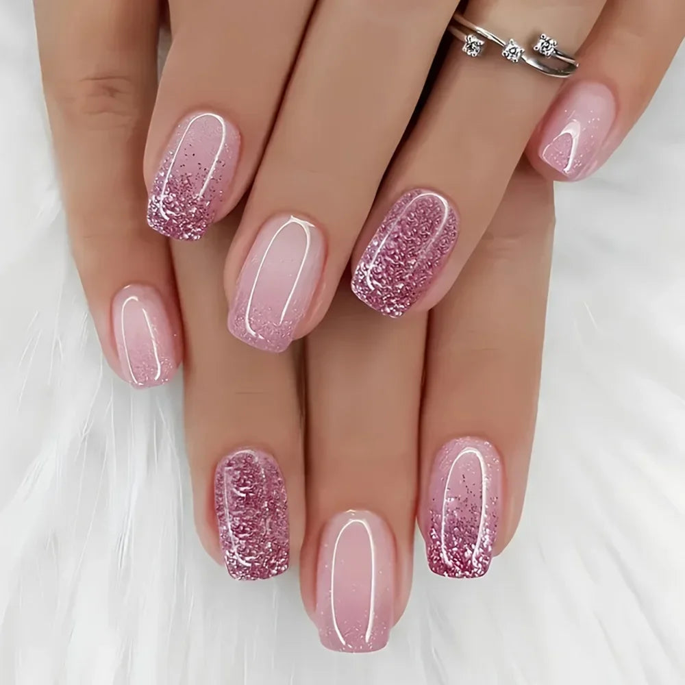 24Pcs Sweet Cool Press on Nails Short Square False Nail Gradient Glitter Line Fake Nails Full Cover Glossy Acrylic Manicure Nail