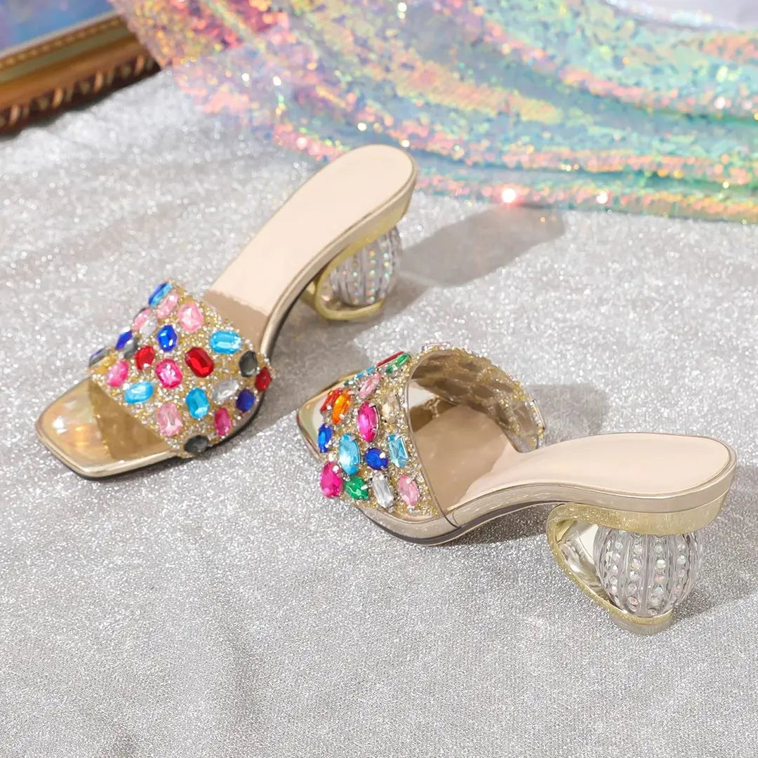 Aneikeh Shiny Colored rhinestone Sandals Slippers Women Transparent Thick Bottom Party Dress Mules High Heels 2025 Summer heeled