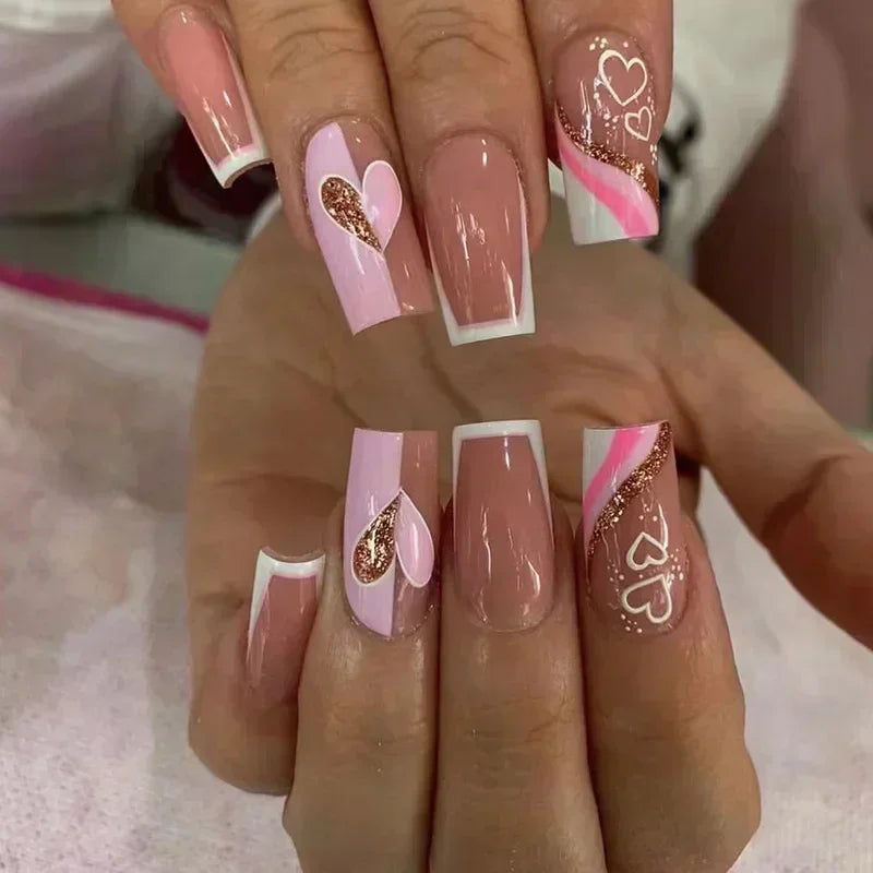 24Pcs Short Square French False Nails with Flower Shiny White Edge Design Pink Glitter Fake Nails Full Cover Press on Nails Tips