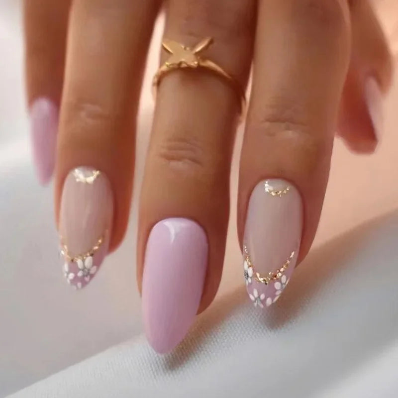24Pcs Mid-length False Nails with Almond Head Design Brown Gold Lines Fake Nails Oval Wearable French Press on Nail Tips