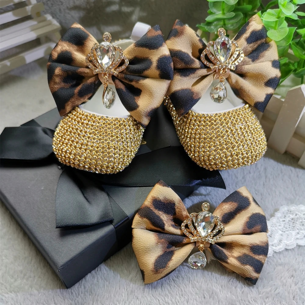 Dollbling Baby Girl Leopard Design Luxury Crown Jewelry Diamond Bling Ballerina Shoes First Communion Outfit Nursery Decoration
