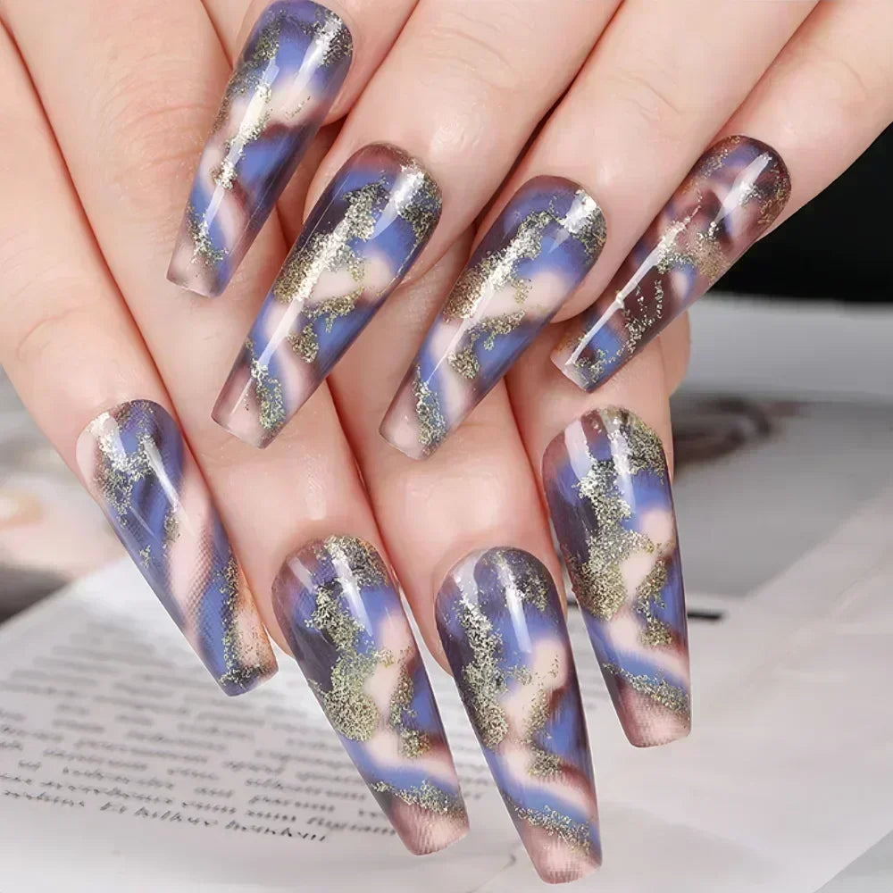 24Pcs Black Ballet False Nails Long Coffin Nail Tips Detachable Press on Nails DIY Manicure Colorful Eyes Designs Fake Nails
