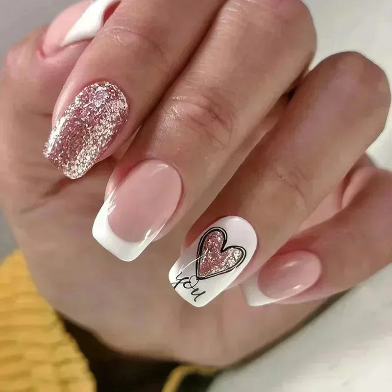 24Pcs Short Square French False Nails with Flower Shiny White Edge Design Pink Glitter Fake Nails Full Cover Press on Nails Tips