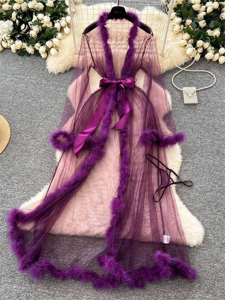 SINGREINY Transparent Gauze Spliced Wool Long Robes Sleepwear Women Lace Up Long Sleeve Robes Fashion Sheer Sexy Cardigan Robes