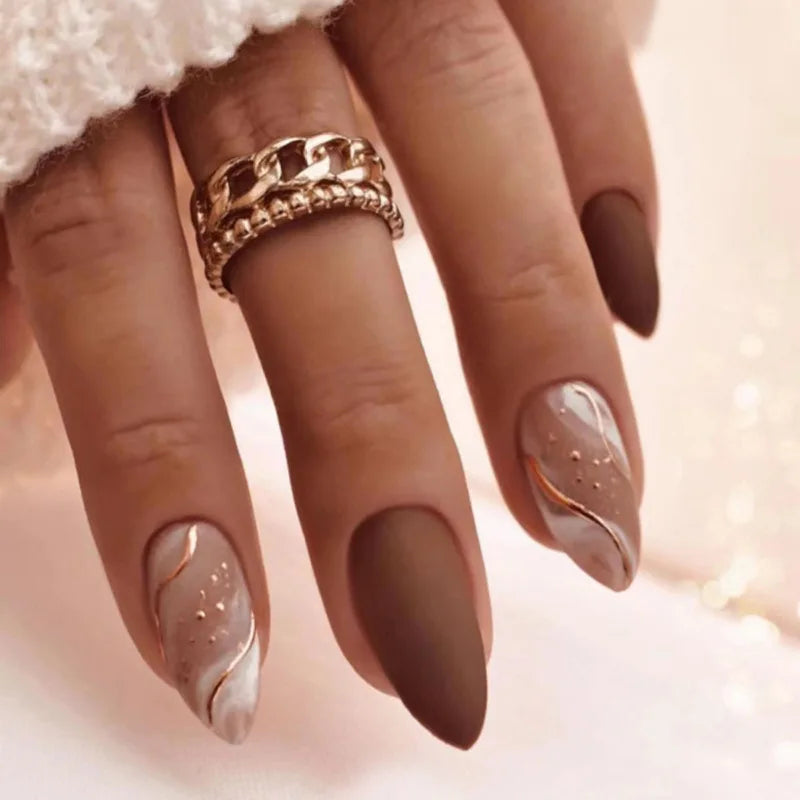 24Pcs Mid-length False Nails with Almond Head Design Brown Gold Lines Fake Nails Oval Wearable French Press on Nail Tips