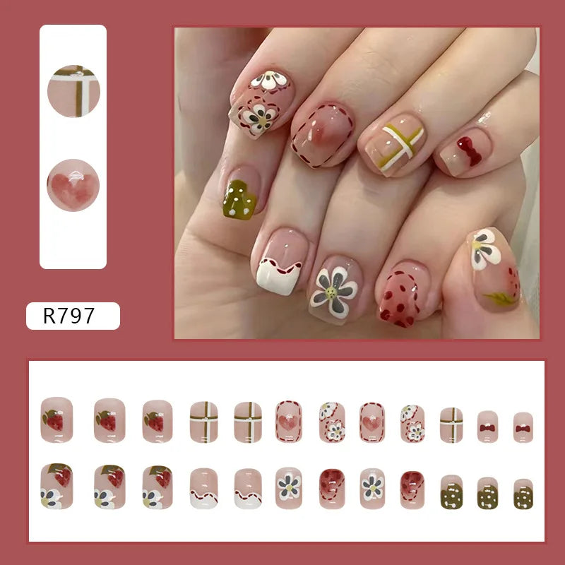 Sweet Mountain Tea Wearable Pink Press On Fake Nails Tips With Glue false nails design Butterfly Lovely Girl false nails