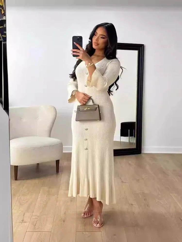 Elegant Knitted Long Dress Women Flare Sleelve V Neck Ruffles