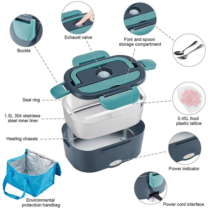 1.5 L 60W Electric Lunch Box Food Warmer Portable Food Heater for Car Or Home - Leak Proof 304 Stainless Steel Liner