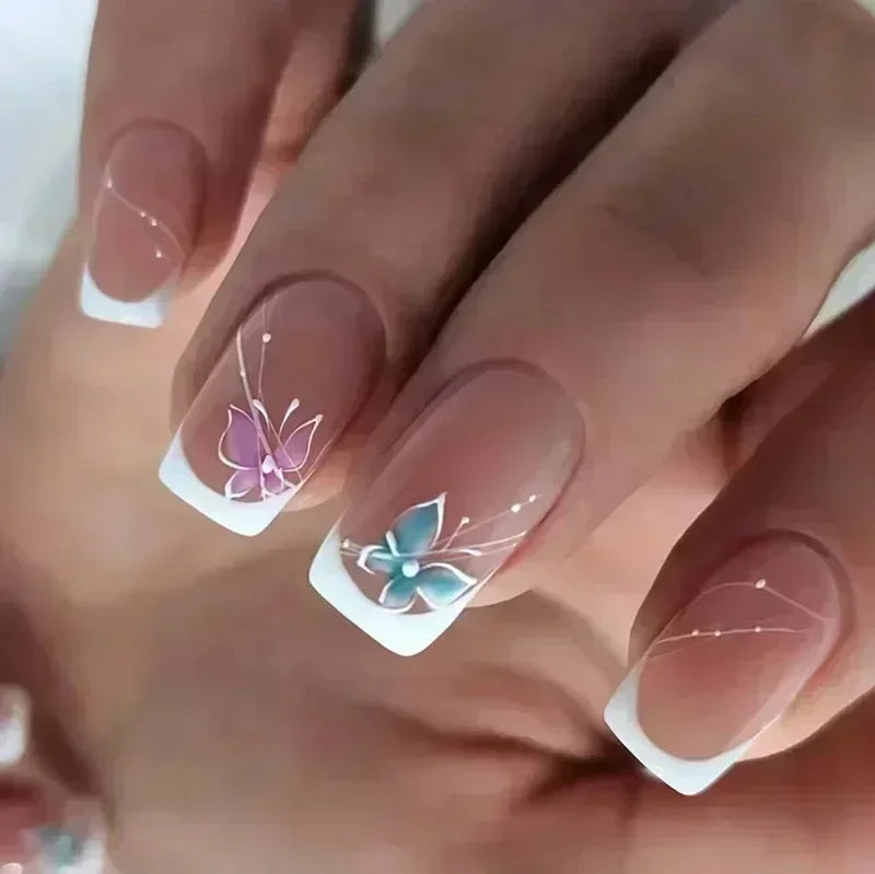 24Pcs Short Square French False Nails with Flower Shiny White Edge Design Pink Glitter Fake Nails Full Cover Press on Nails Tips