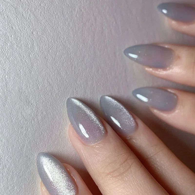 24Pcs Mid-length False Nails with Almond Head Design Brown Gold Lines Fake Nails Oval Wearable French Press on Nail Tips