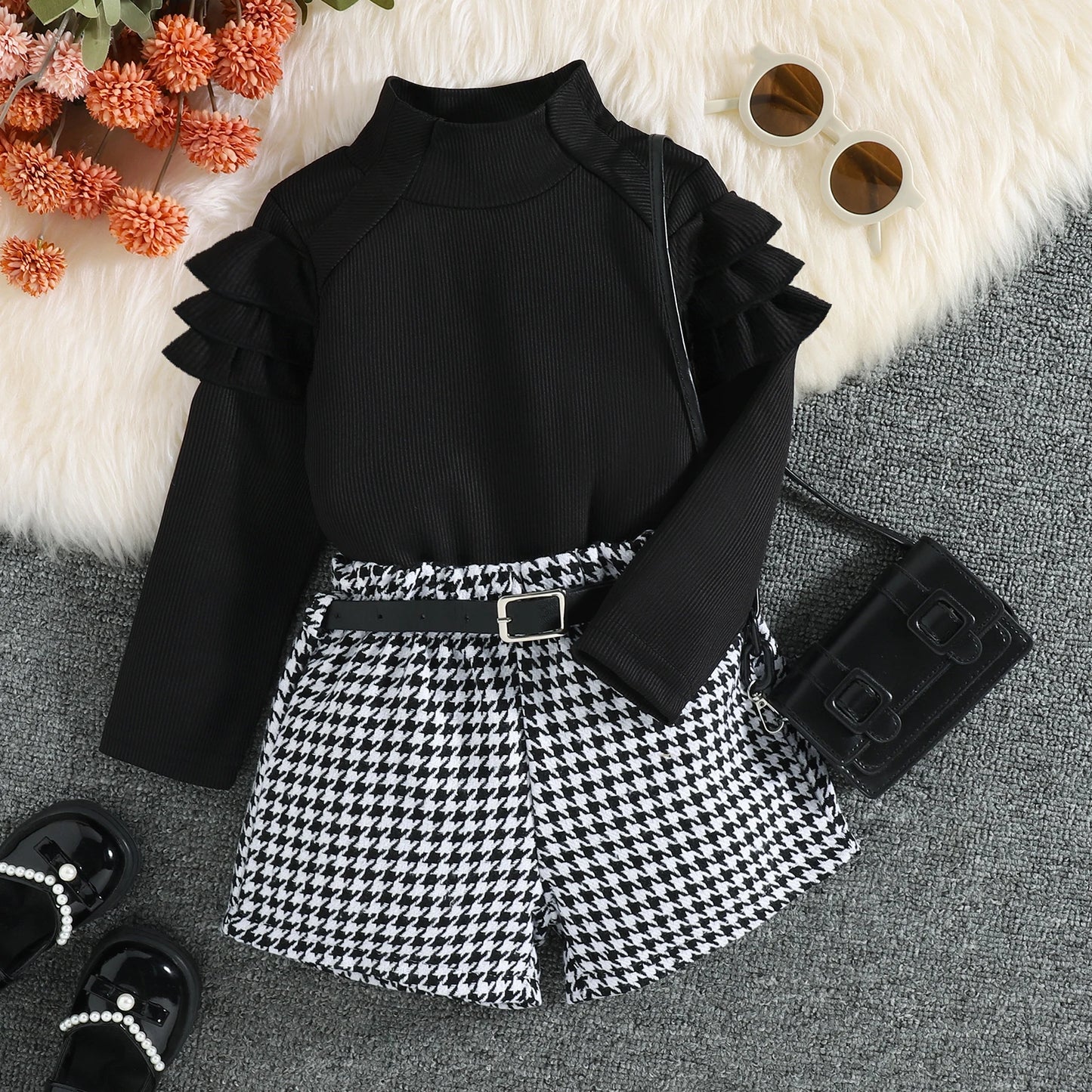 3PCS Autumn New Style 1-5 Year Old Girl Baby Fashionable Casual High-Neck Solid Color Top + Houndstooth Shorts Set