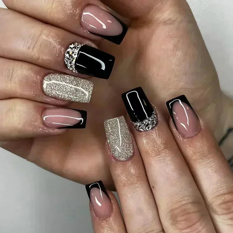 24Pcs Short Square French False Nails with Flower Shiny White Edge Design Pink Glitter Fake Nails Full Cover Press on Nails Tips