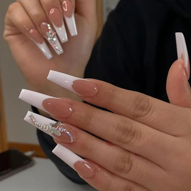 24 Pcs Glossy Long Ballerina Press On Nails Purple Glitter With Rhinestone Shiny
