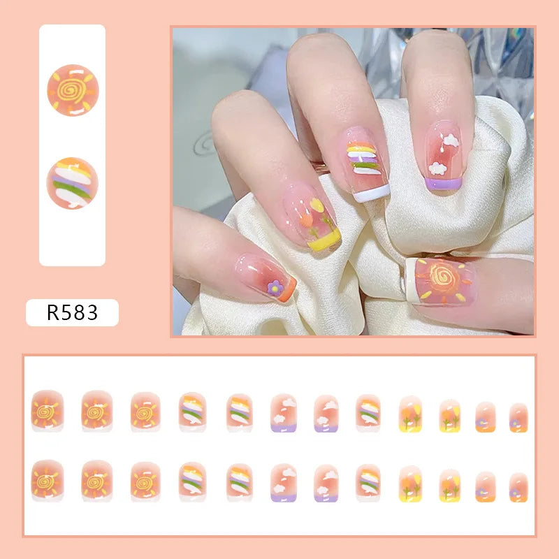 Sweet Mountain Tea Wearable Pink Press On Fake Nails Tips With Glue false nails design Butterfly Lovely Girl false nails