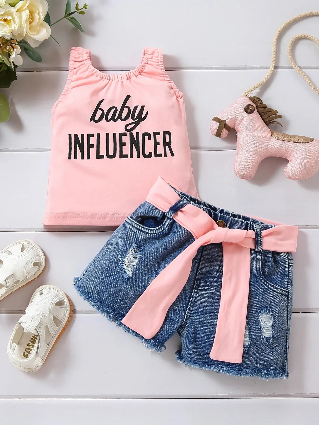Summer 1-5 Years Old Girls Sweet Letter Printed Pink Tank Top+Cowboy Perforated Shorts Two Piece Set
