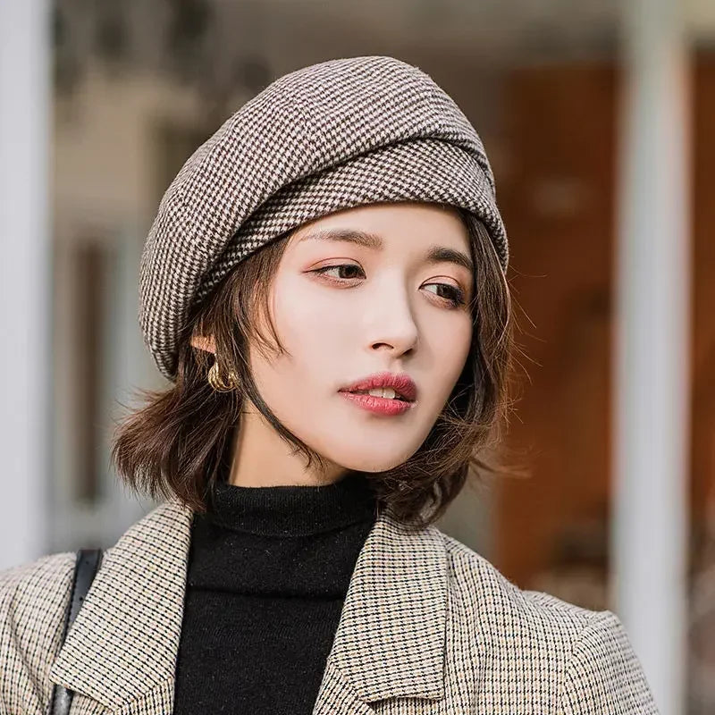 Simple Women Wool Beret for Elegant Lady Winter Female Cotton Hats Plaid Vintage Octagonal Casual Autumn Cap