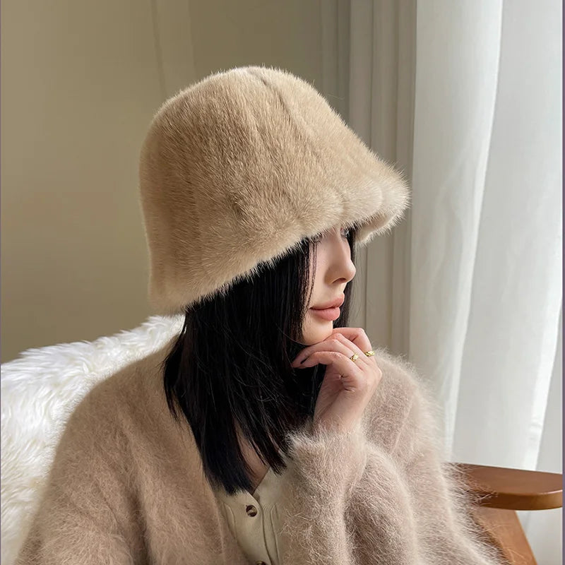 Women In Winter Warm Real Fur Mink Temperament Fisherman Cap Mink Fur Hat Thicken Warm Ear Protection Fashionable Basin Hat