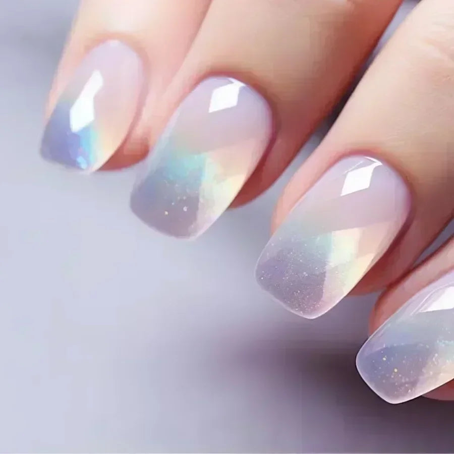 24Pcs Sweet Cool Press on Nails Short Square False Nail Gradient Glitter Line Fake Nails Full Cover Glossy Acrylic Manicure Nail