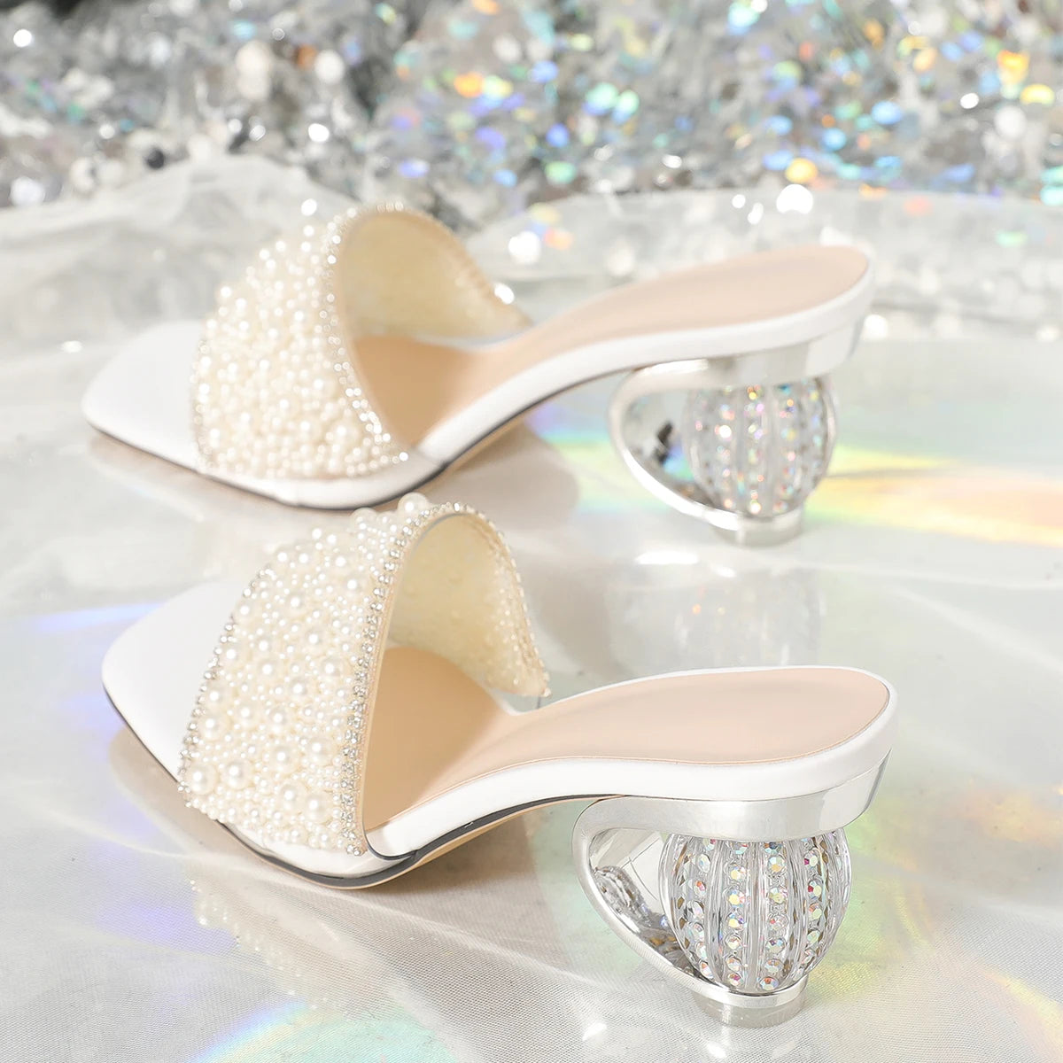 Aneikeh White Pearl Shiny Sandals Slippers Women Transparent Thick Bottom Party Dress Mules High Heels 2025 Summer heeled Beach